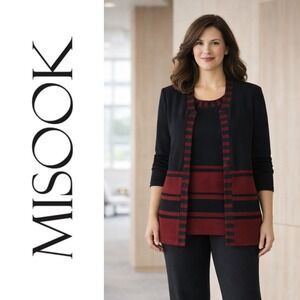 Misook, SET Stripe Knit Open Front Cardigan Jacket Black Burgundy Size XL